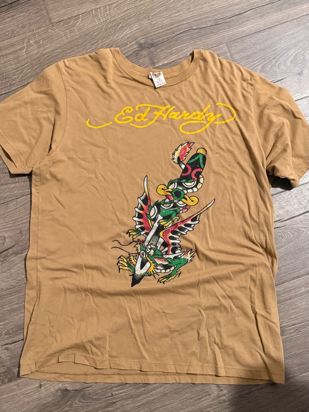 Ed Hardy Tan Short-Sleeve Tee with Multicolor Tattoo Graphic